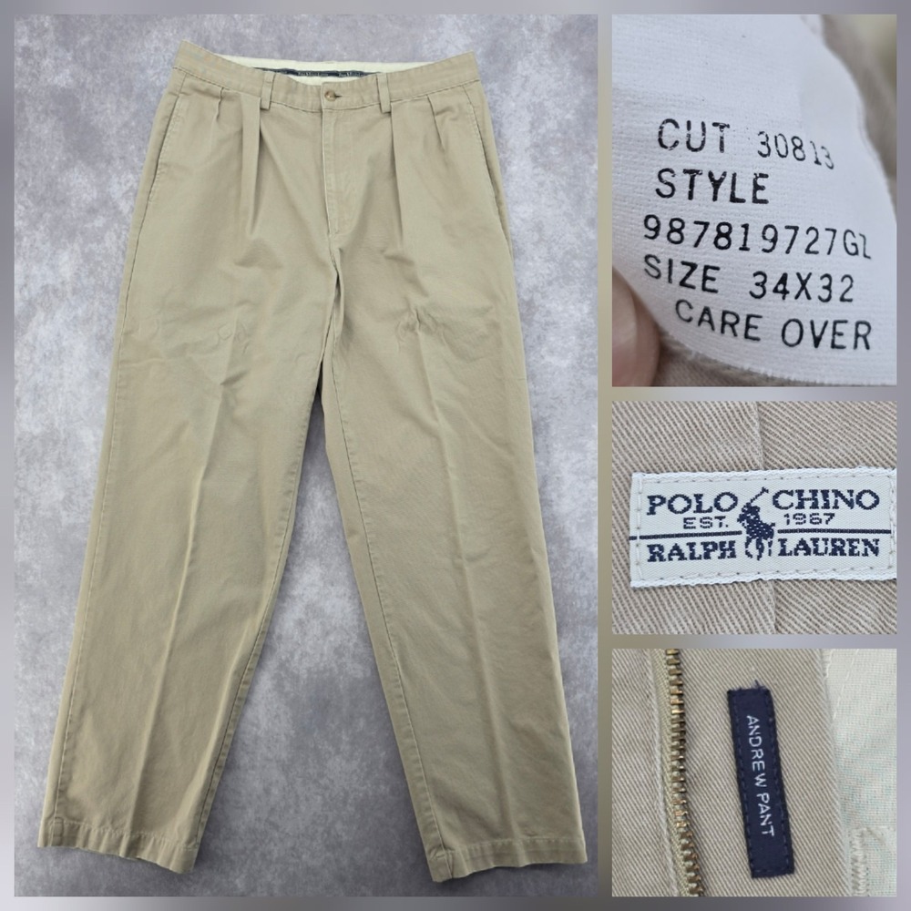 Vtg Polo Ralph Lauren Andrew Pant 34x32 Chino Khaki Beige Pleated Fits (34x31)